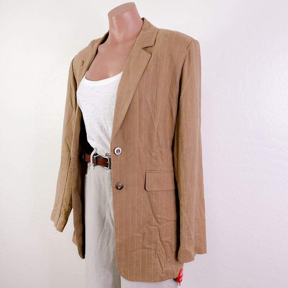 Nicholas Charlee Pinstripe Oversized Linen Blazer Career Caramel Tan size 2 NWT - Picture 2 of 13